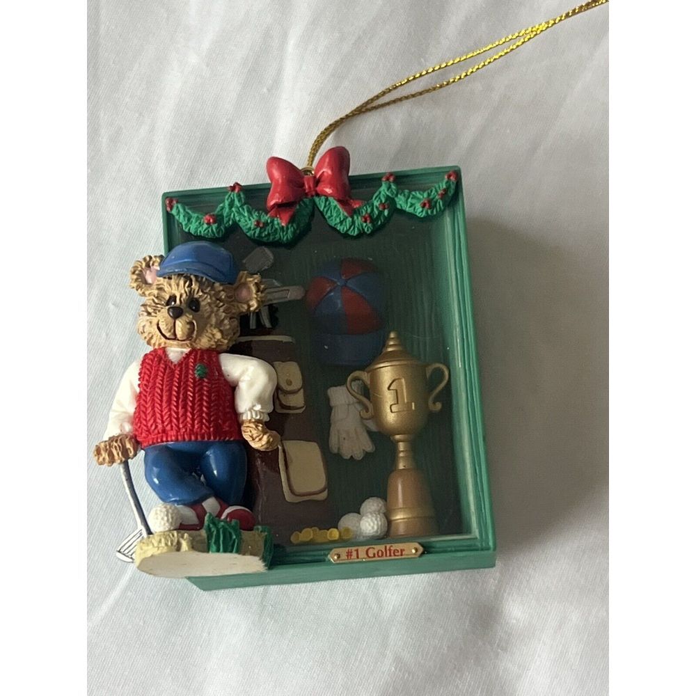 Vintage 90's Hallmark Christmas Ornament #1 Golfer‎ Bear 3D Trophy Case